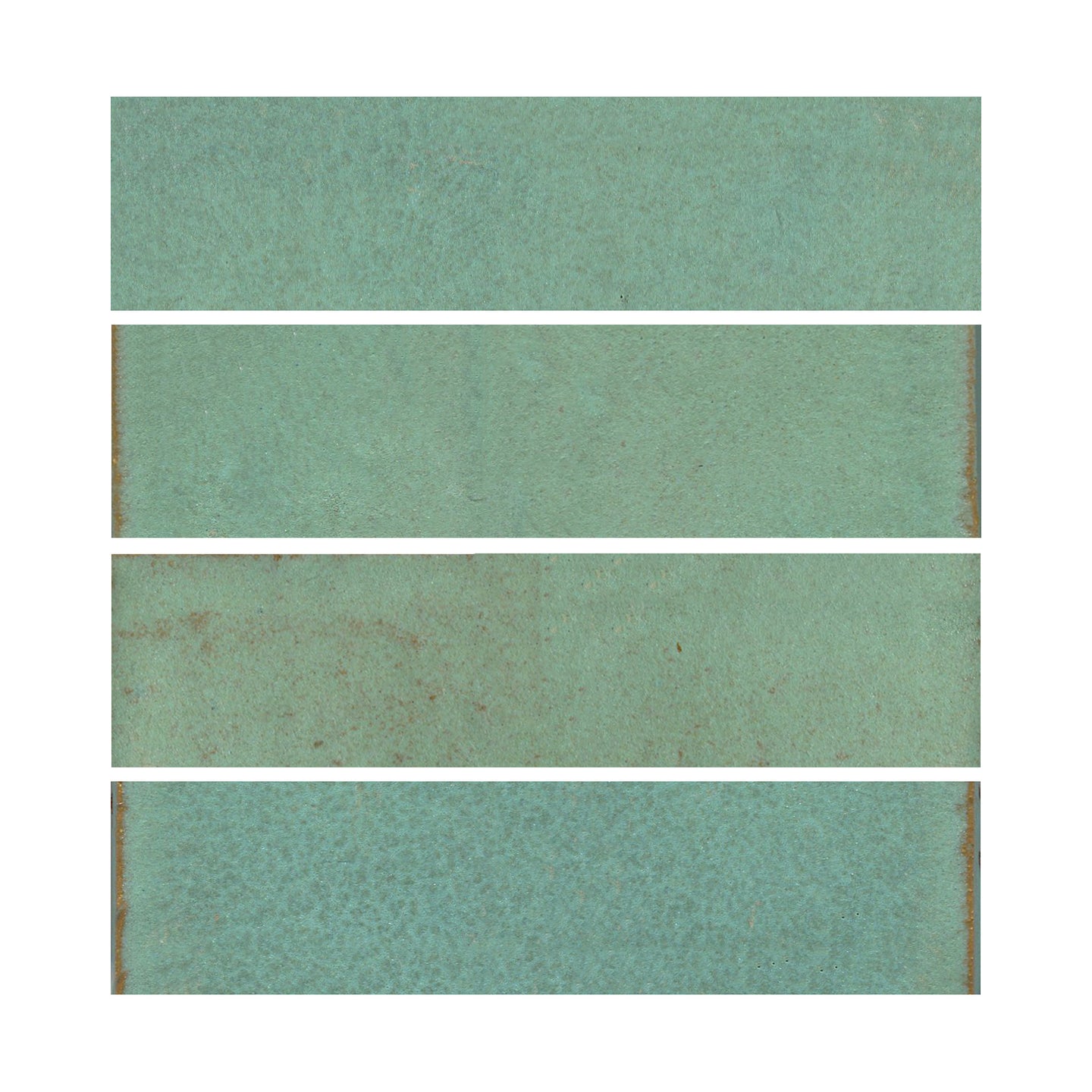 Copper patina 2x8 matte finish, transitioning in color from light green to turquoise.